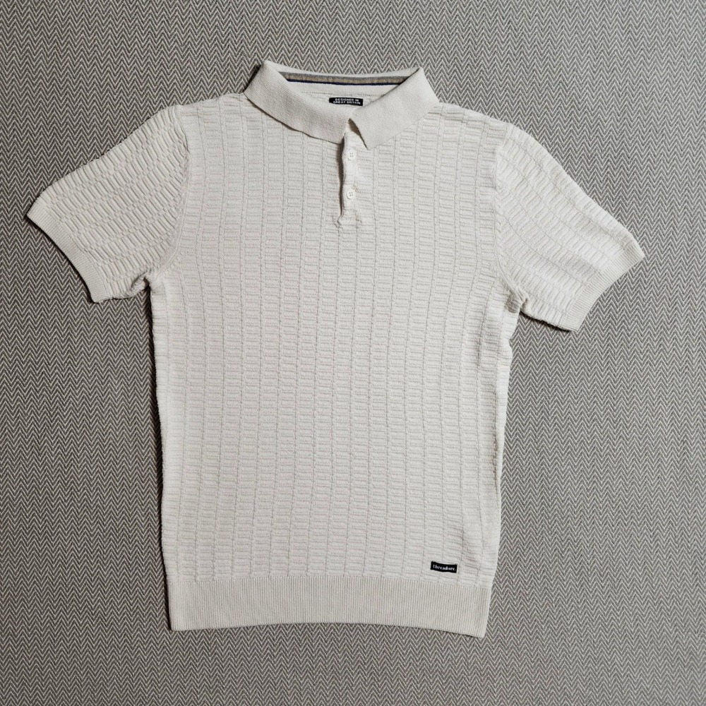 Threadbare Mens Textured Knit Polo Shirt Cream Short Sleeve Size M